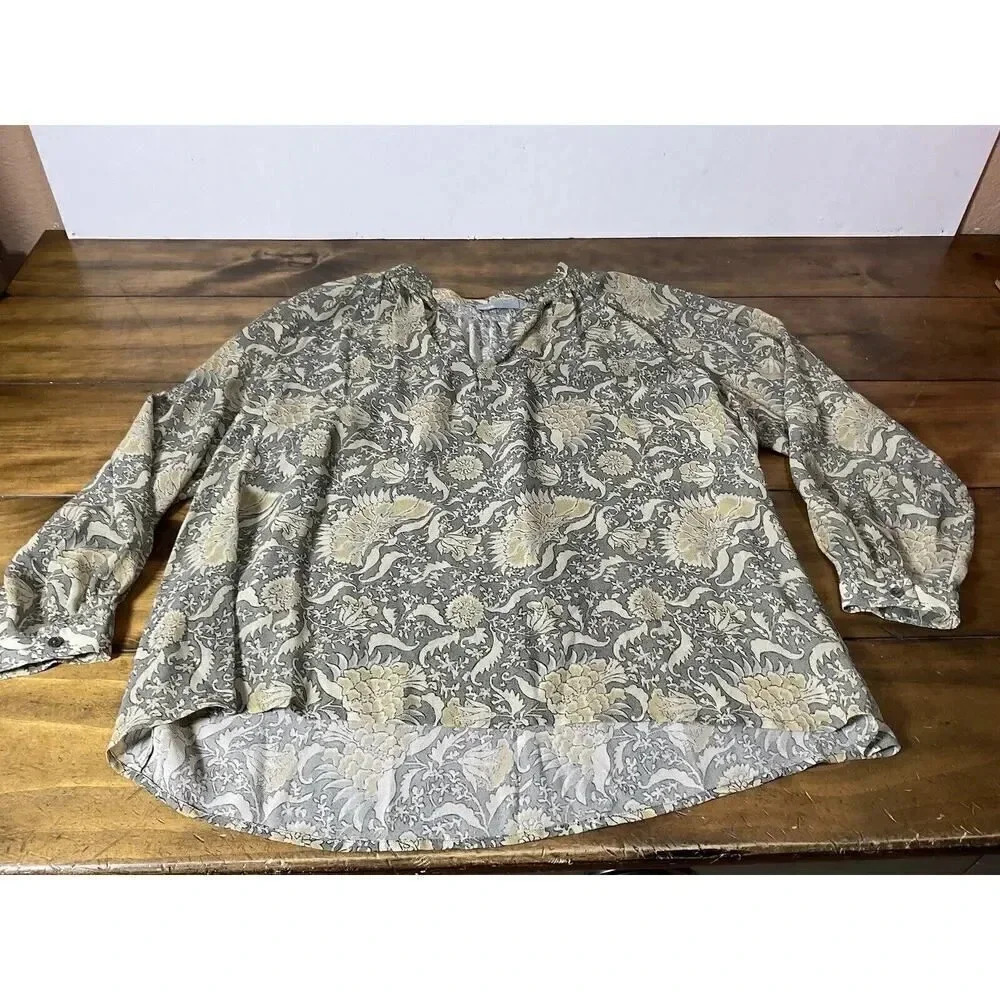 VINCE 100% Silk Blouse Sheer Vintage Botanical Print Size Medium